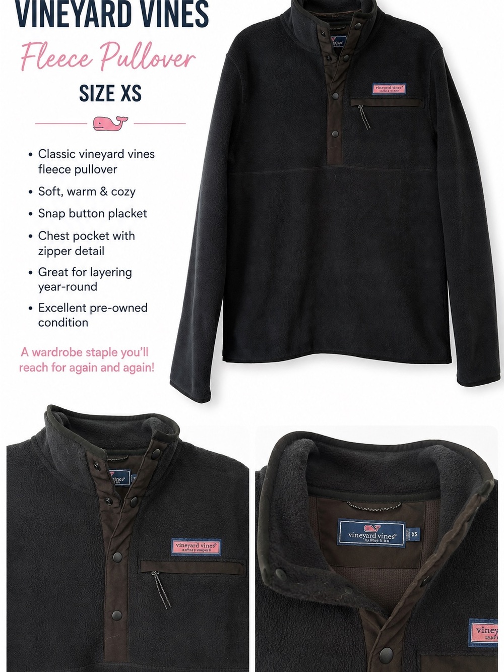 Vineyard Vines Black Fleece Pullover with Snap Placket